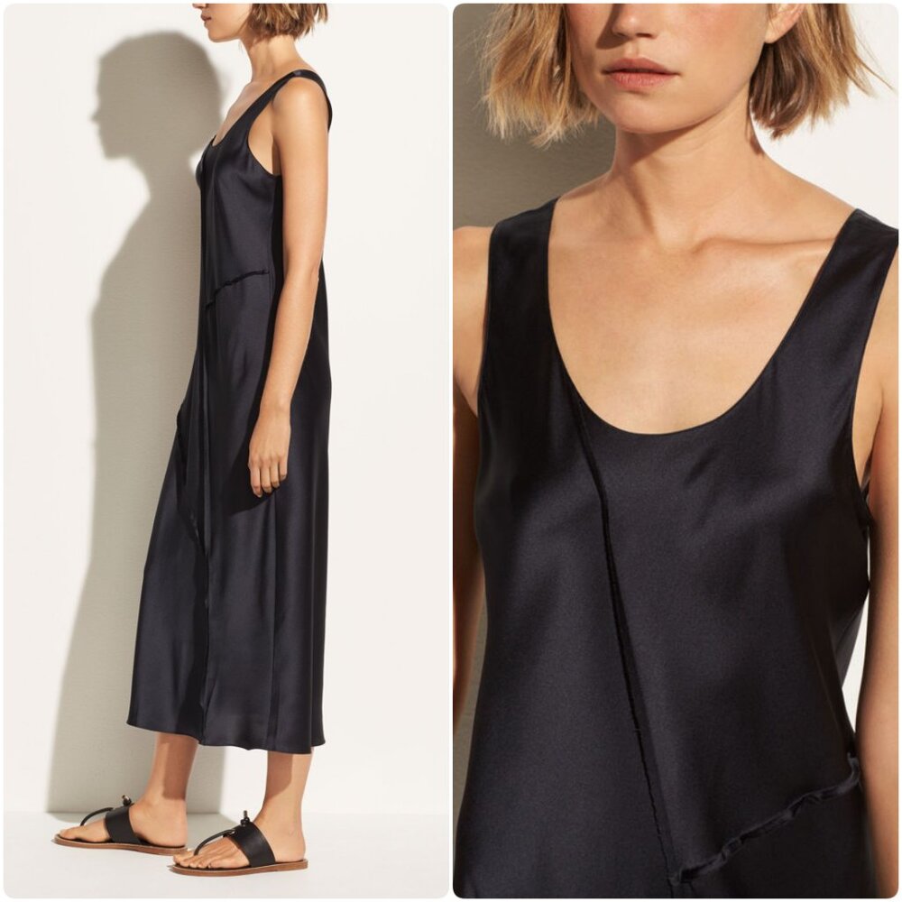 NWT Vince Raw Edge Silk Tank Midi Slip Dress in Iron Darkβ Navy Size XS, S $345 - Picture 6 of 16